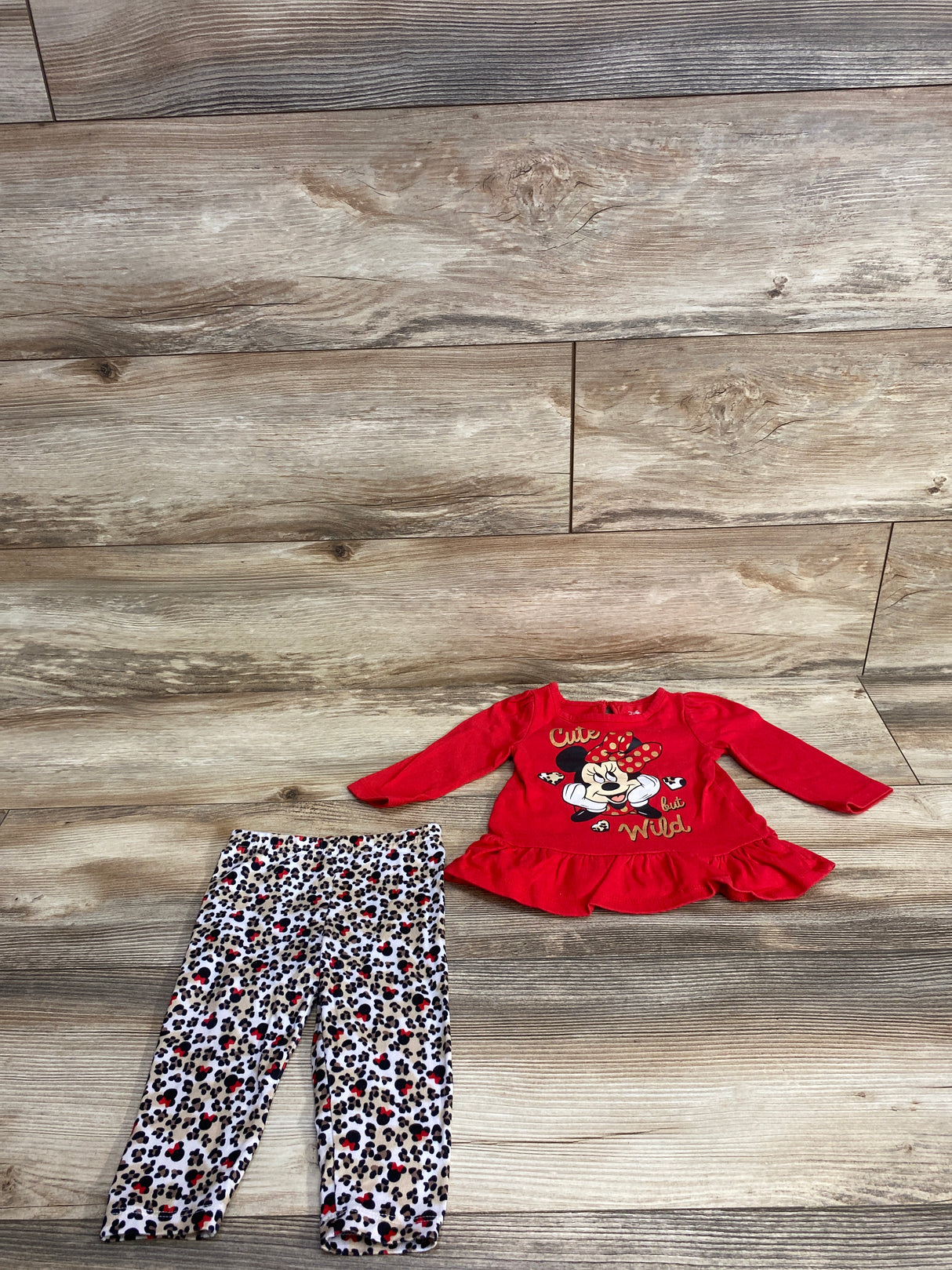 Disney Baby 2pc Minnie Mouse Cute But Wild Peplum Shirt & Bottoms Set Red sz 6-9m