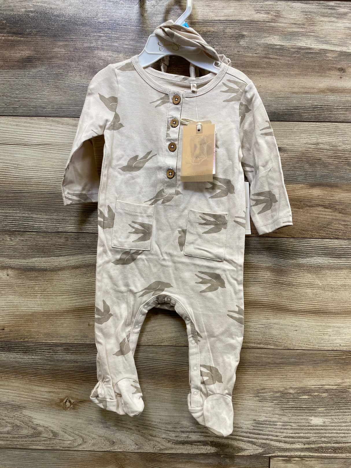 NEW Jessica Simpson 2pc Bird Print Coverall & Headband Beige sz 3-6m