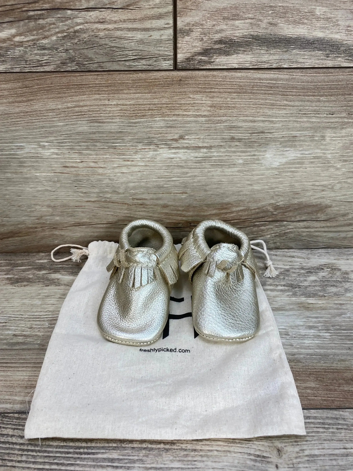 Front view of Freshly Picked platinum baby moccasin size 2 showing metallic leather fringe on canvas pouch with wood background