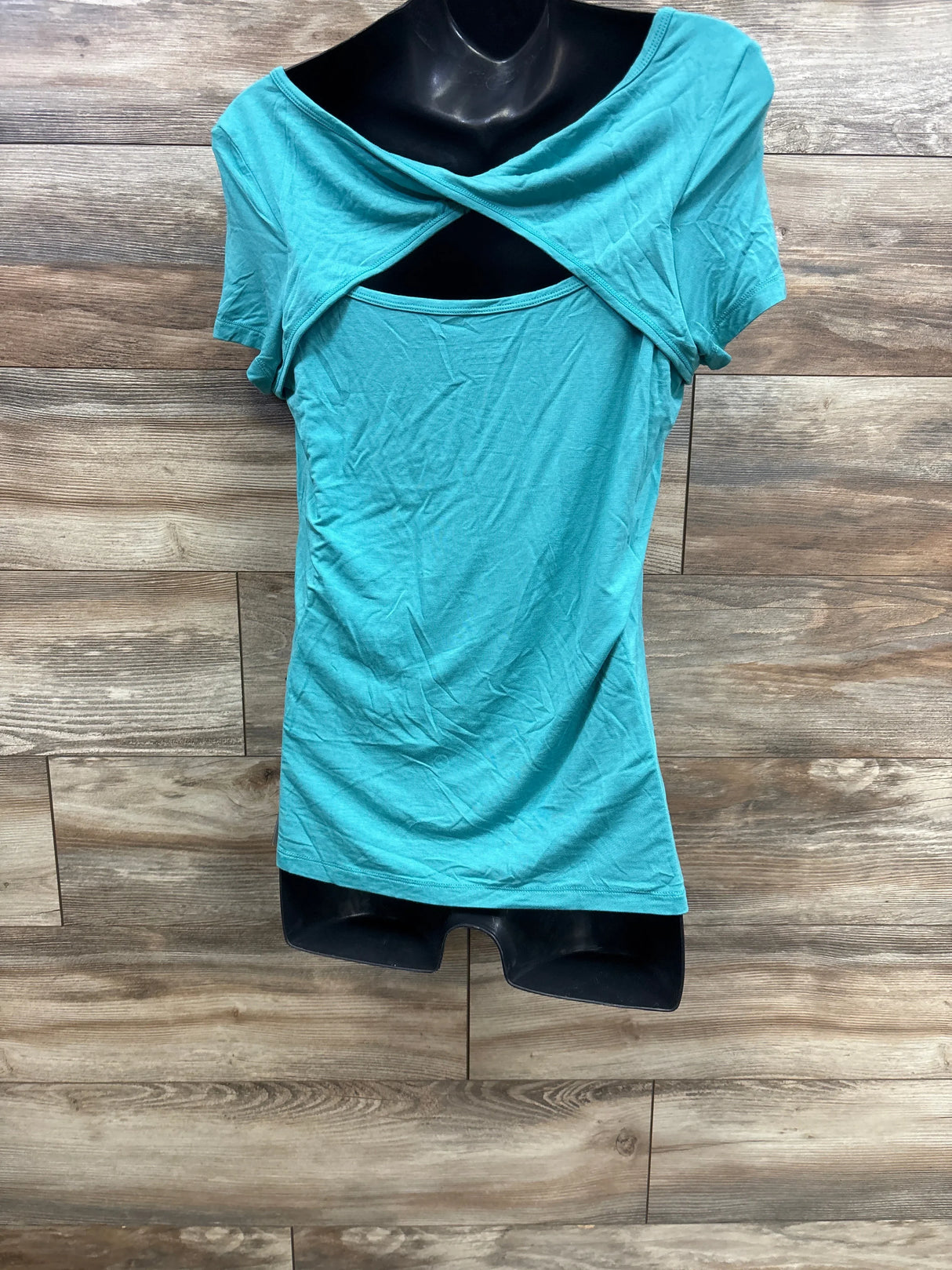 Turquoise ruched maternity or nursing top with short sleeves and twist front detail