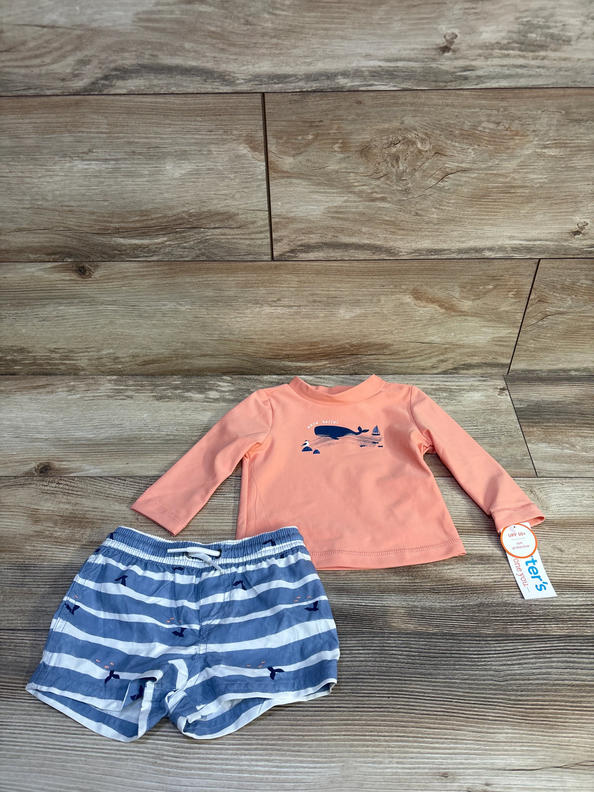 NEW Just One You 2pc Wave Hello Whale Rash Guard Set Coral sz 6m