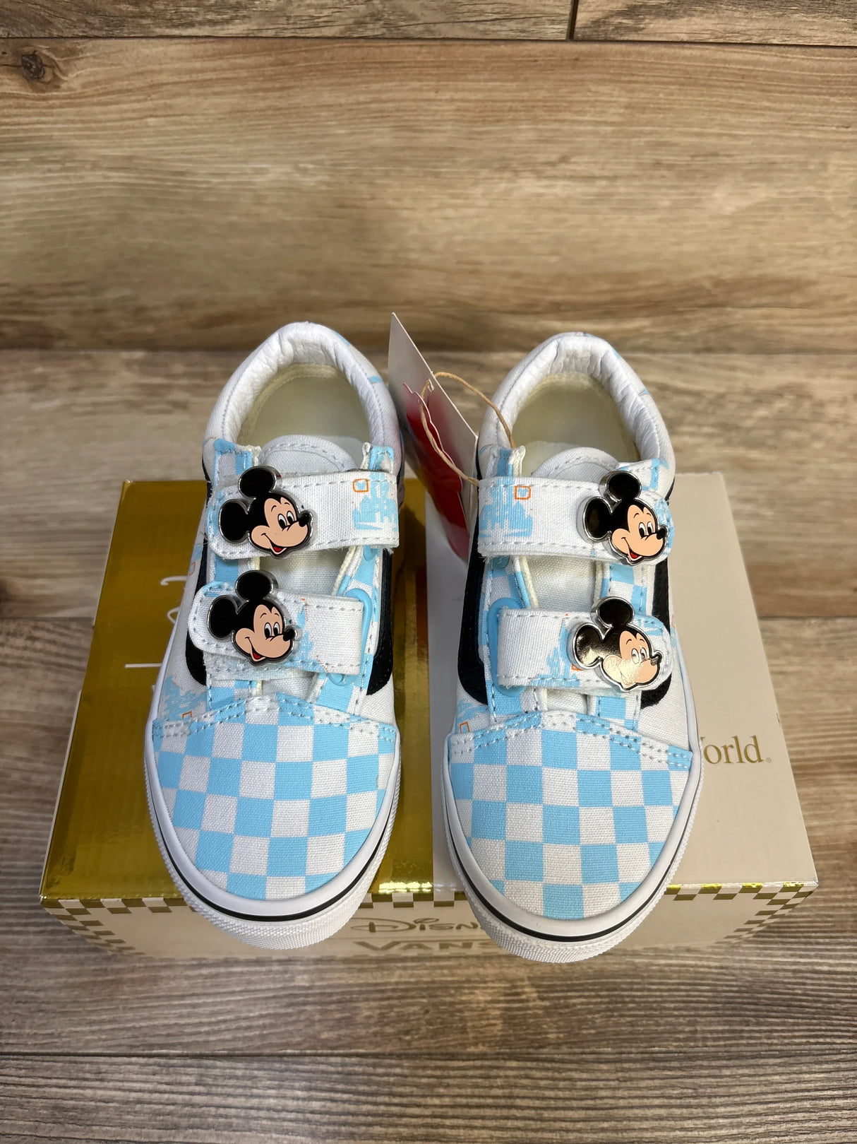 Blue and white checkered kids' Mickey Mouse sneakers with velcro straps