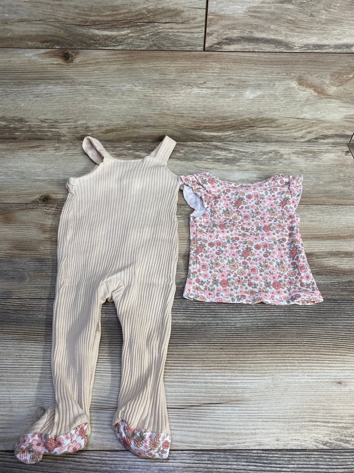 Daisy Fuentes 2pc Ribbed Overall & Floral Shirt Set Tan sz 6-9m