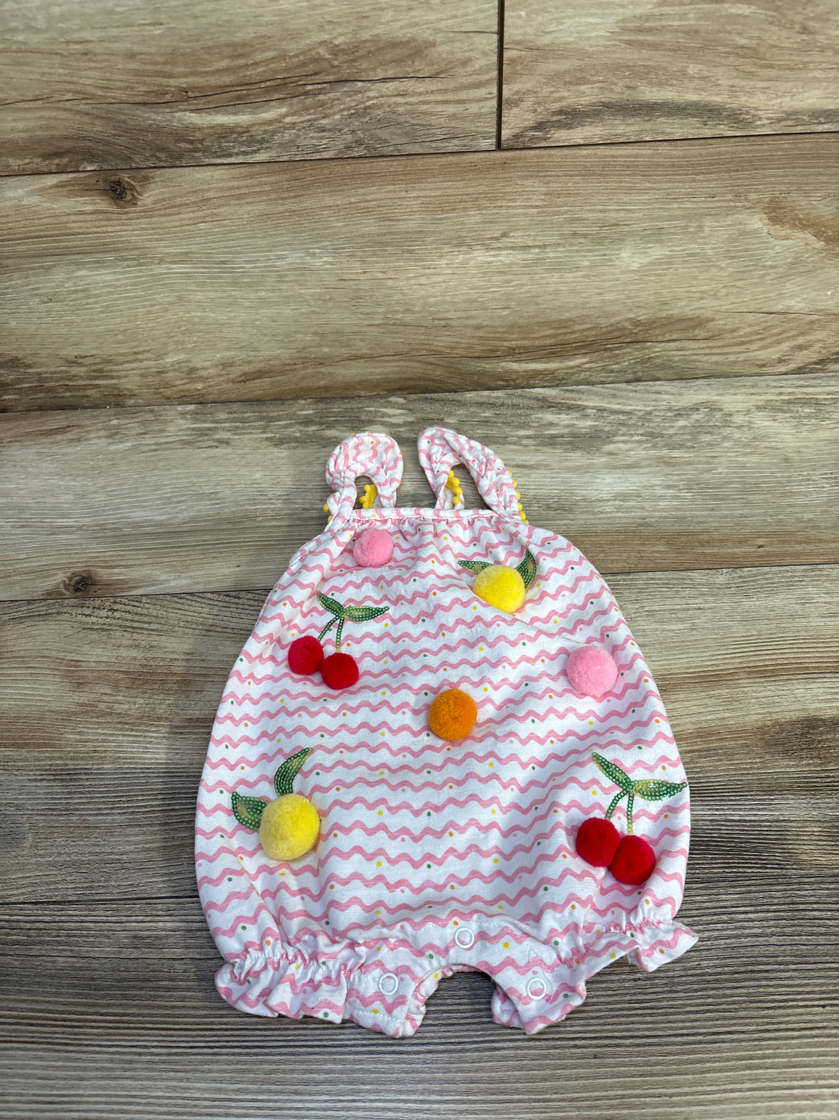 Mudpie Chevron Pom-Pom Fruit Shortie Romper White sz 0-3m
