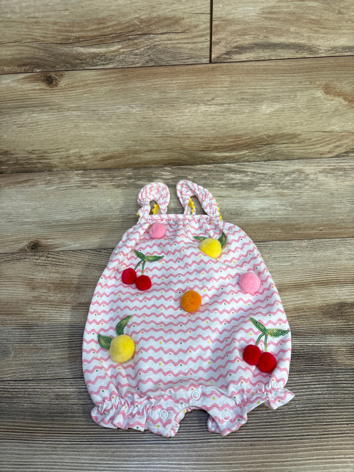 Mudpie Chevron Pom-Pom Fruit Shortie Romper White sz 0-3m