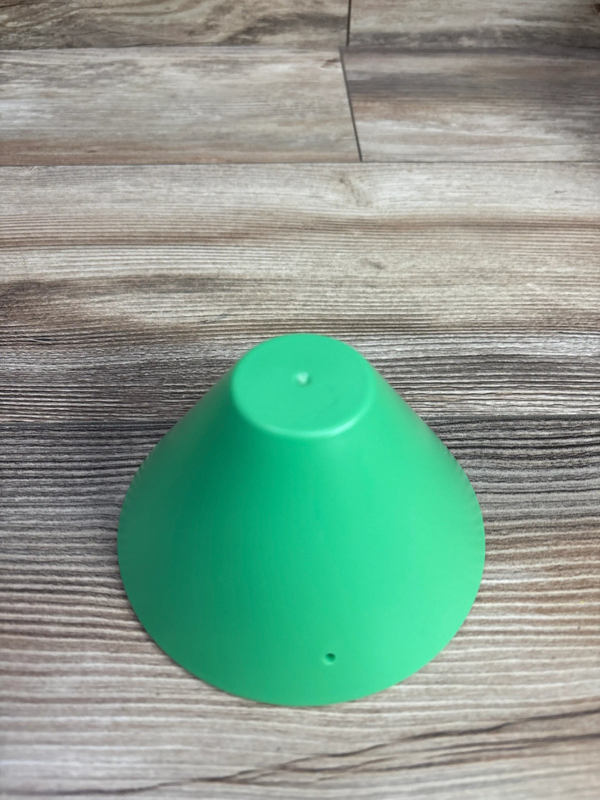 Top view of Lovevery Roll and Build Cone Set showcasing a green cone on a wood grain floor