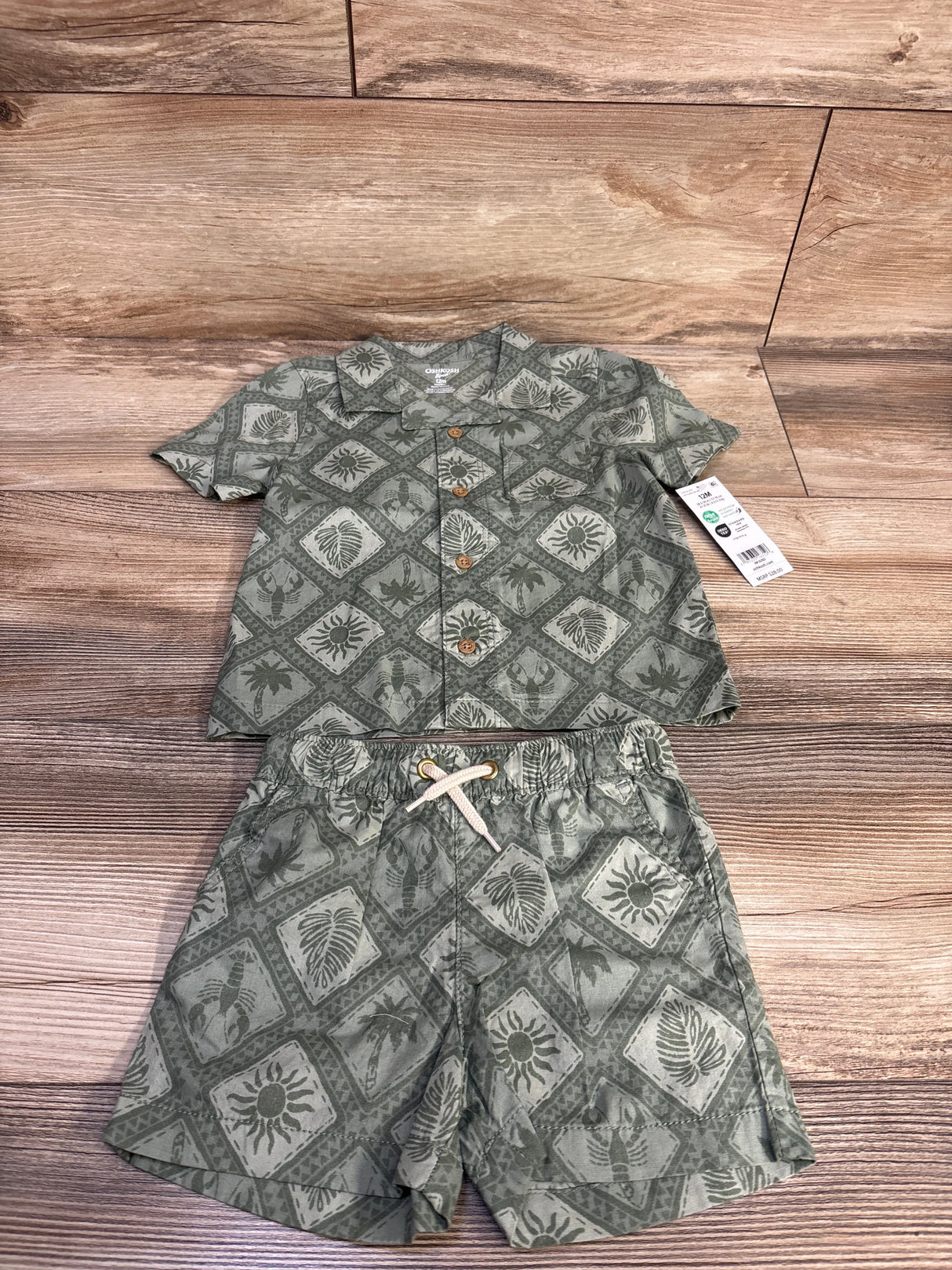 NEW OshKosh 2pc Button Up Shirt & Short Set Green sz 12m