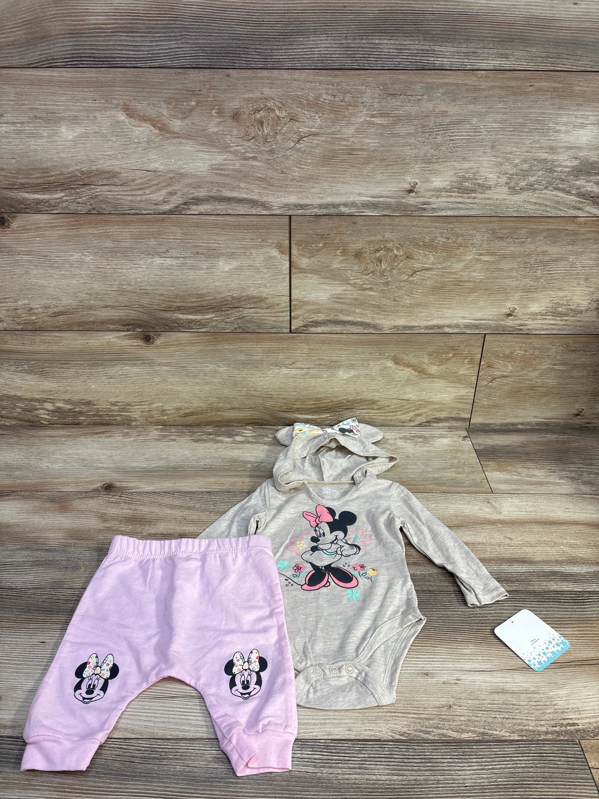 NEW Disney Baby 2pc Minnie Mouse Hooded Long Sleeve Bodysuit & Pants Beige sz 6-9m