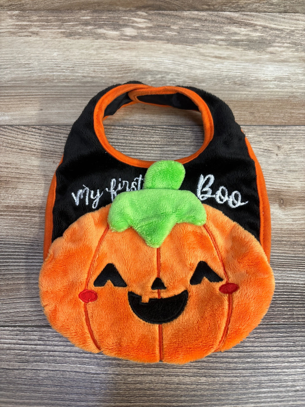 Baby Halloween bib with plush pumpkin, 'My First Boo' embroidery, orange and black design