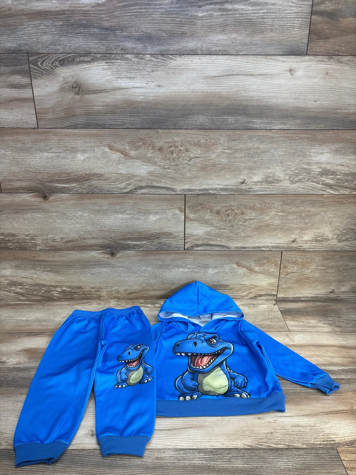 Front view of blue toddler sweatshirt and joggers (2T) with large dinosaur print, elastic waistband and ribbed cuffs on wood floor