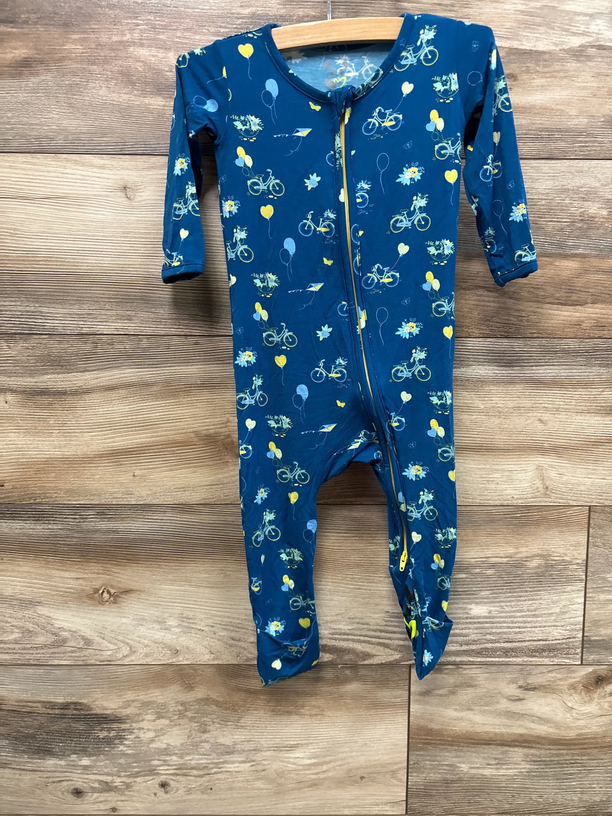 Blue Bellabu Bear bamboo convertible footie pajama with yellow heart and bicycle print