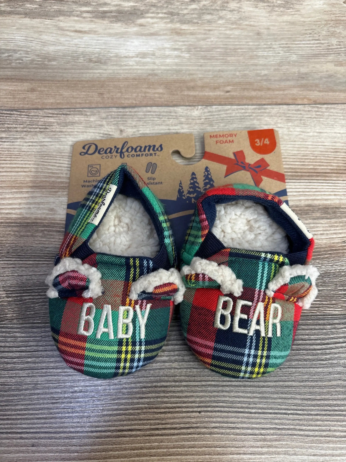Baby Bear plaid slippers with cozy memory foam, slip-resistant soles, perfect for infants and toddlers.