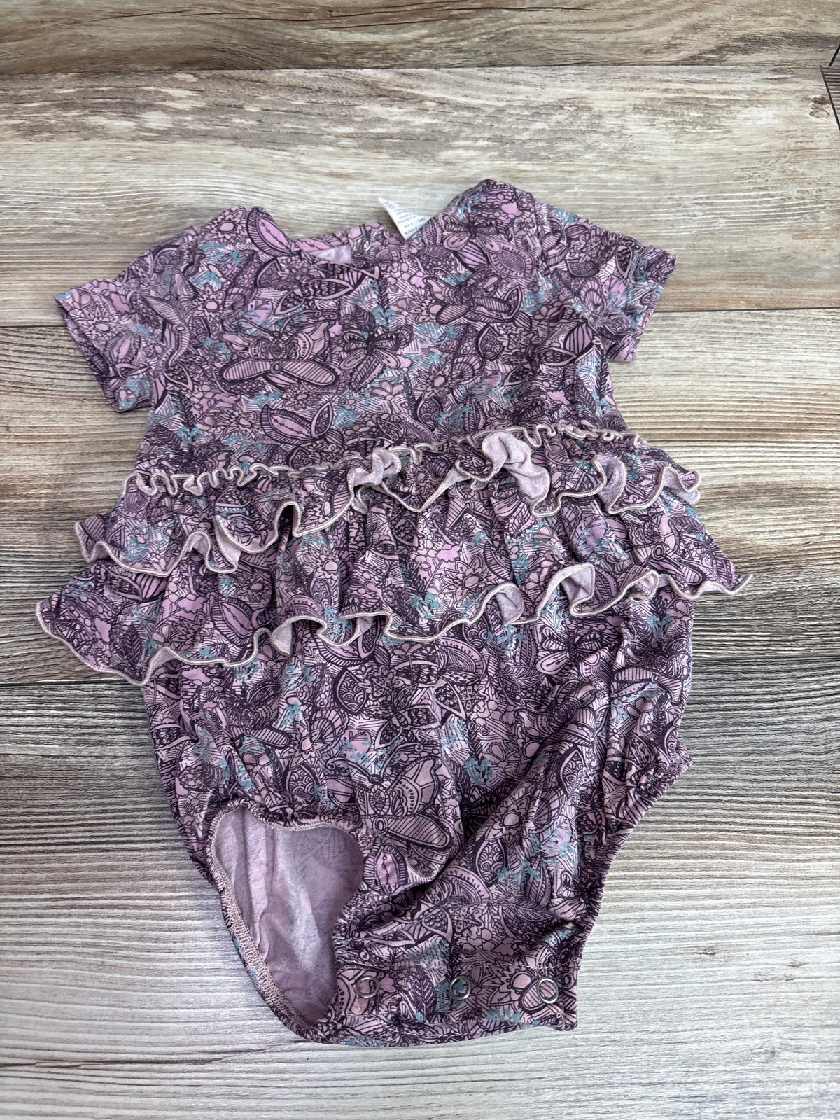 Kate Quinn bamboo purple butterfly print ruffle skirted bodysuit for infants