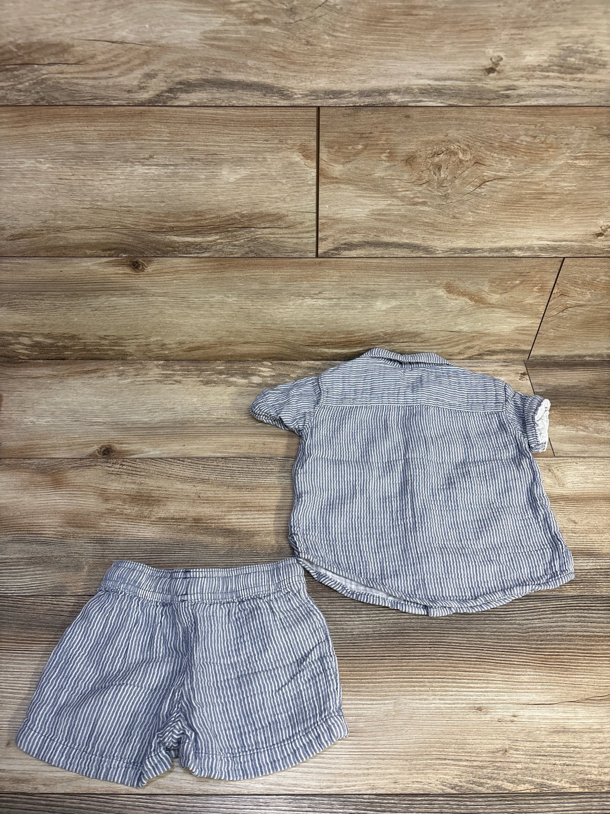 Little Planet 2pc Gauze Button-Up Shirt & Shorts Set Striped Blue sz 2T