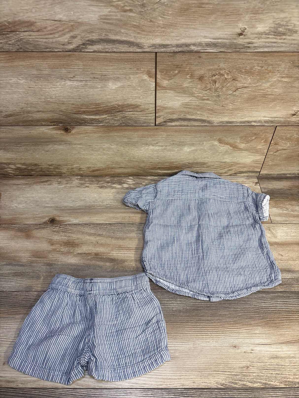 Little Planet 2pc Gauze Button-Up Shirt & Shorts Set Striped Blue sz 2T