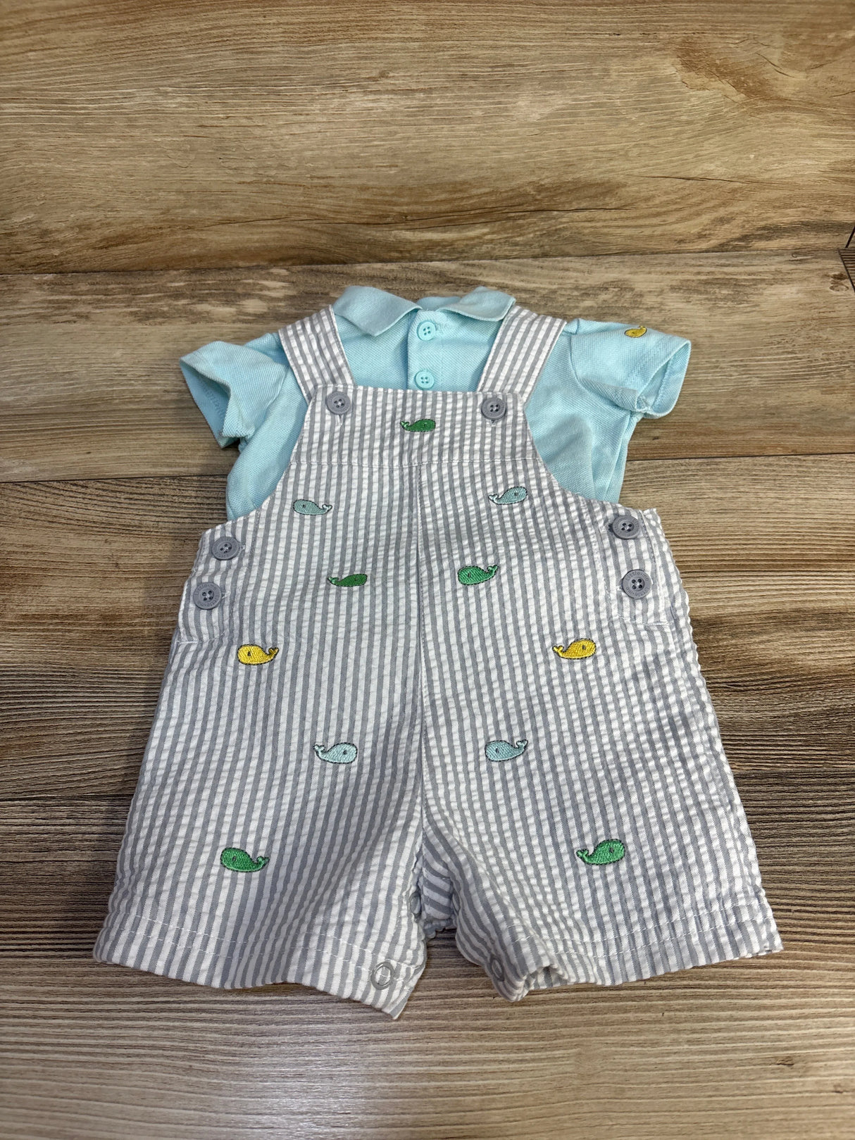 Little Me 2pc Polo Shirt & Seersucker Shortalls Set Blue sz 6m