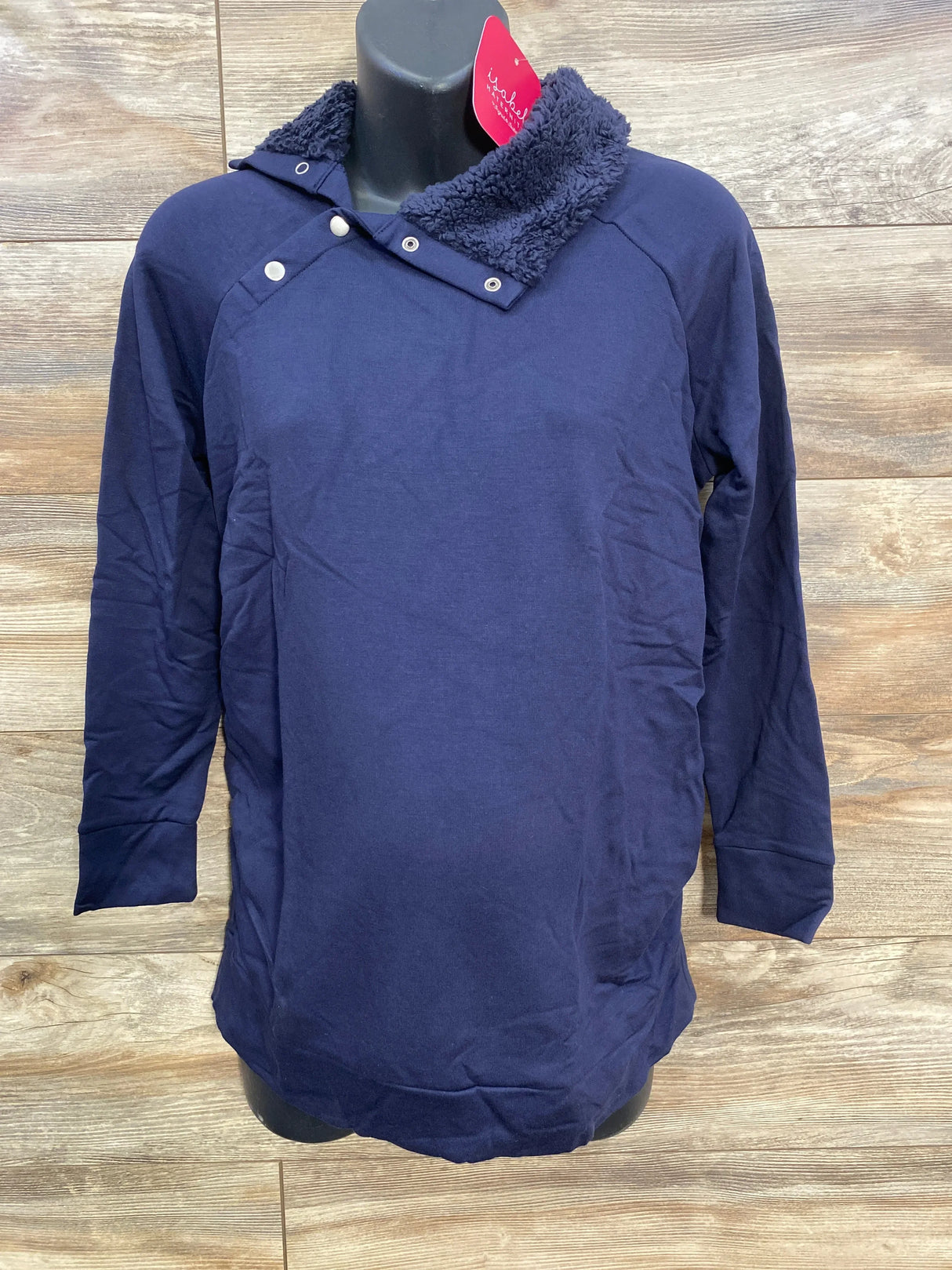 Navy blue long sleeve hoodie with sherpa fleece collar and snap buttons on black mannequin