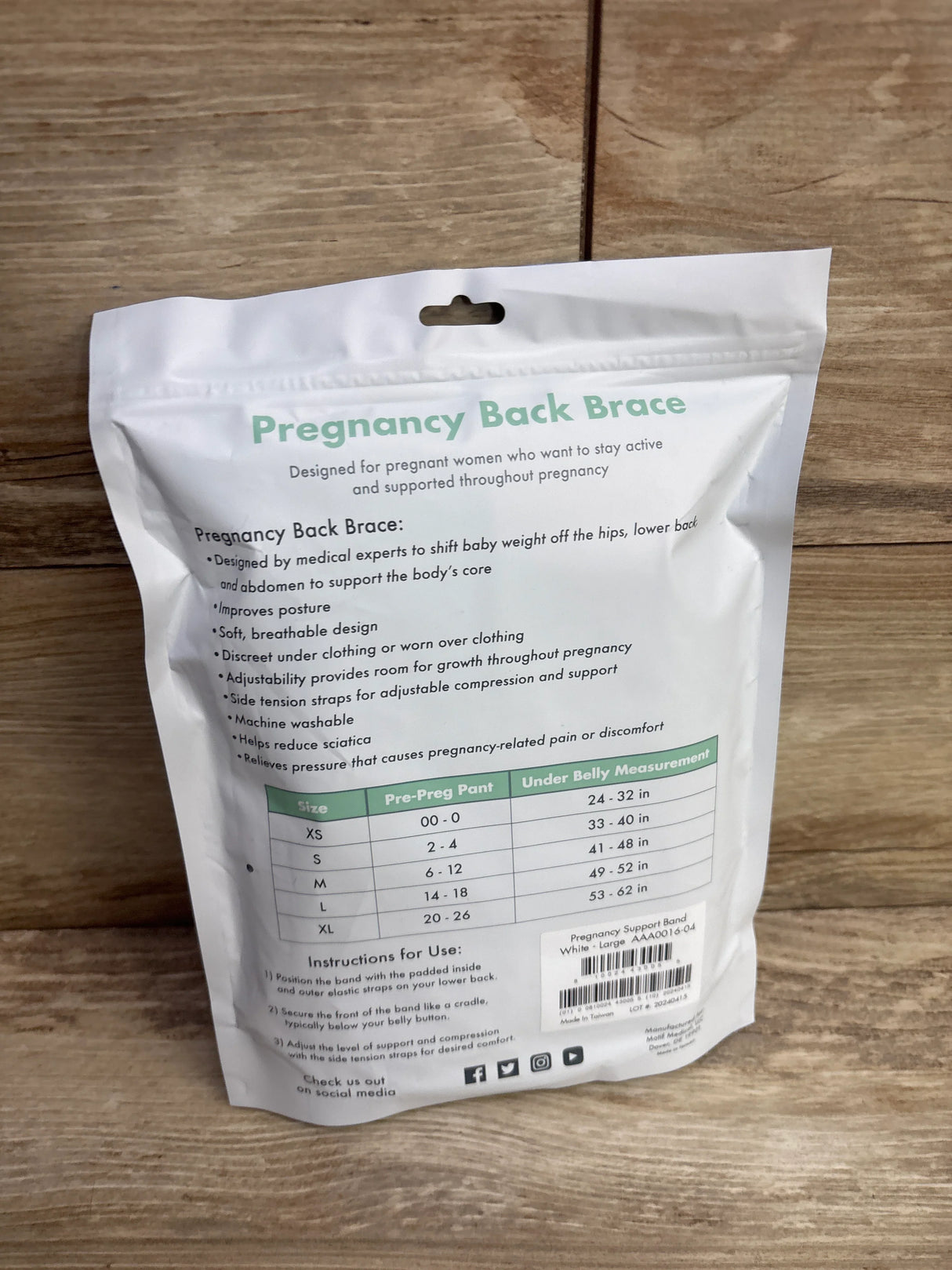 NEW Motif Pregnancy Back Brace White sz Large