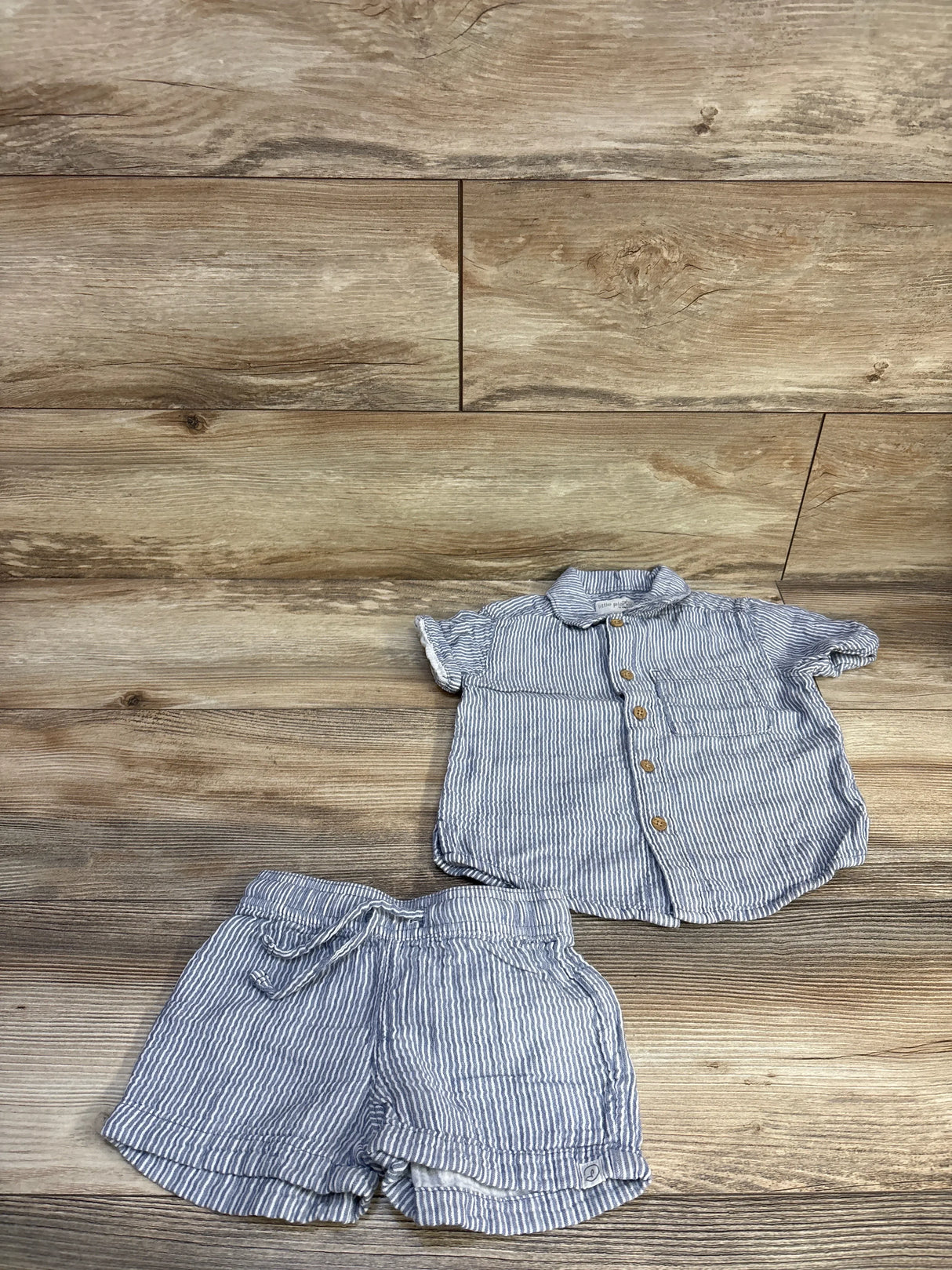 Little Planet 2pc Gauze Button-Up Shirt & Shorts Set Striped Blue sz 2T