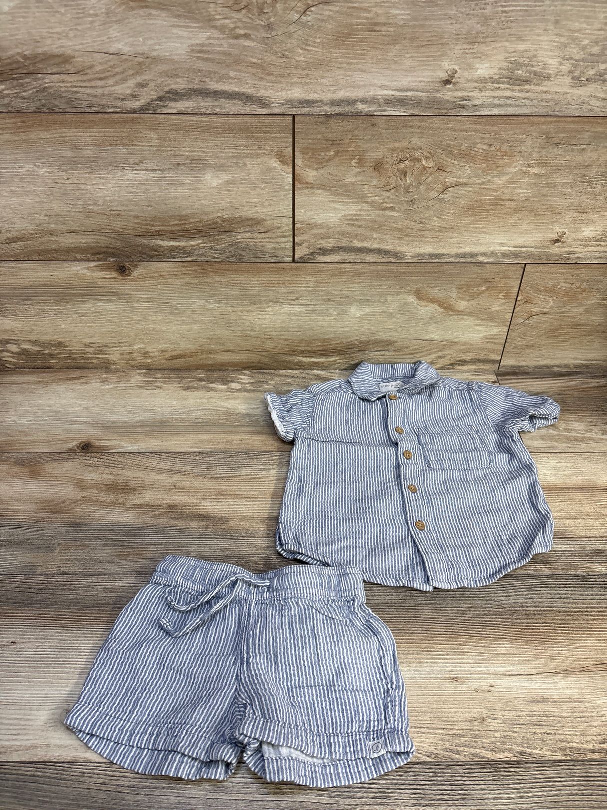 Little Planet 2pc Gauze Button-Up Shirt & Shorts Set Striped Blue sz 2T
