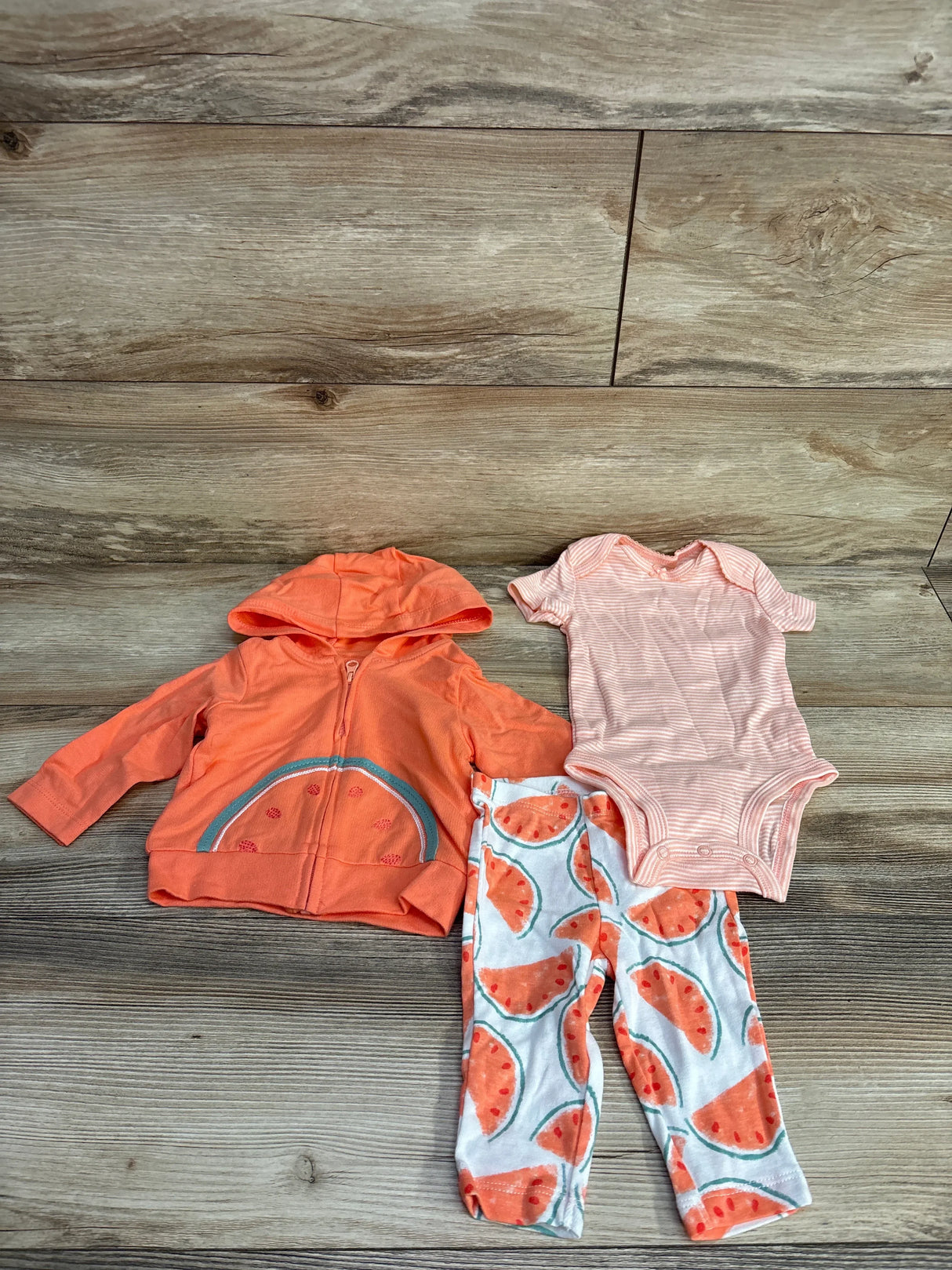Baby girls' watermelon outfit set with orange hoodie, striped bodysuit, and leggings