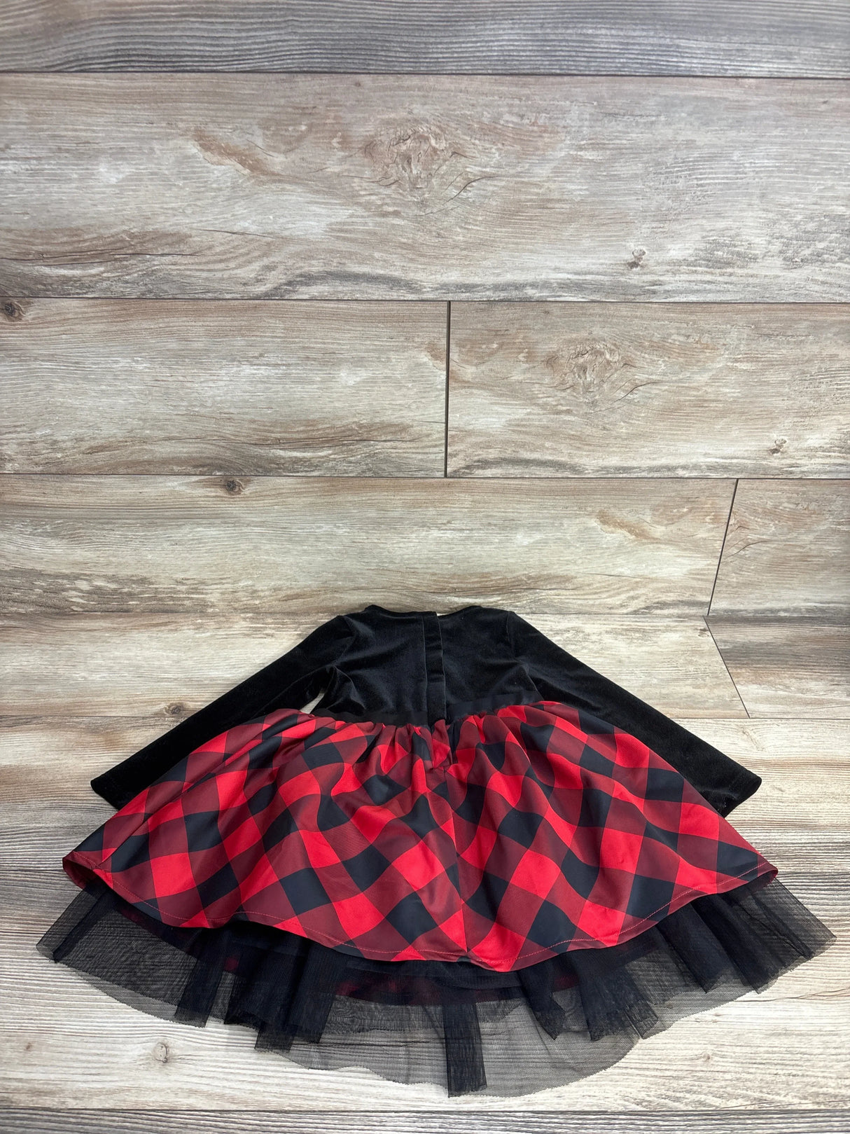 Girls long sleeve black velvet dress with red and black plaid skirt and black tulle