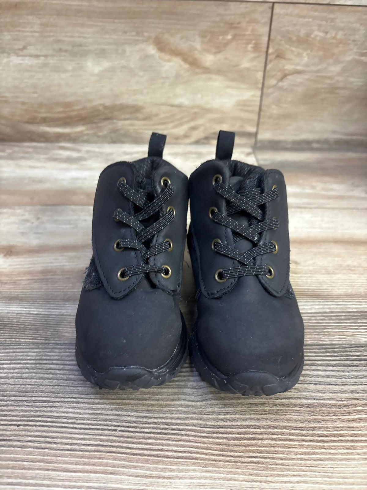Front view of Wonder Nation black hook and loop boots, size 8C, showing a matching pair with pull tabs