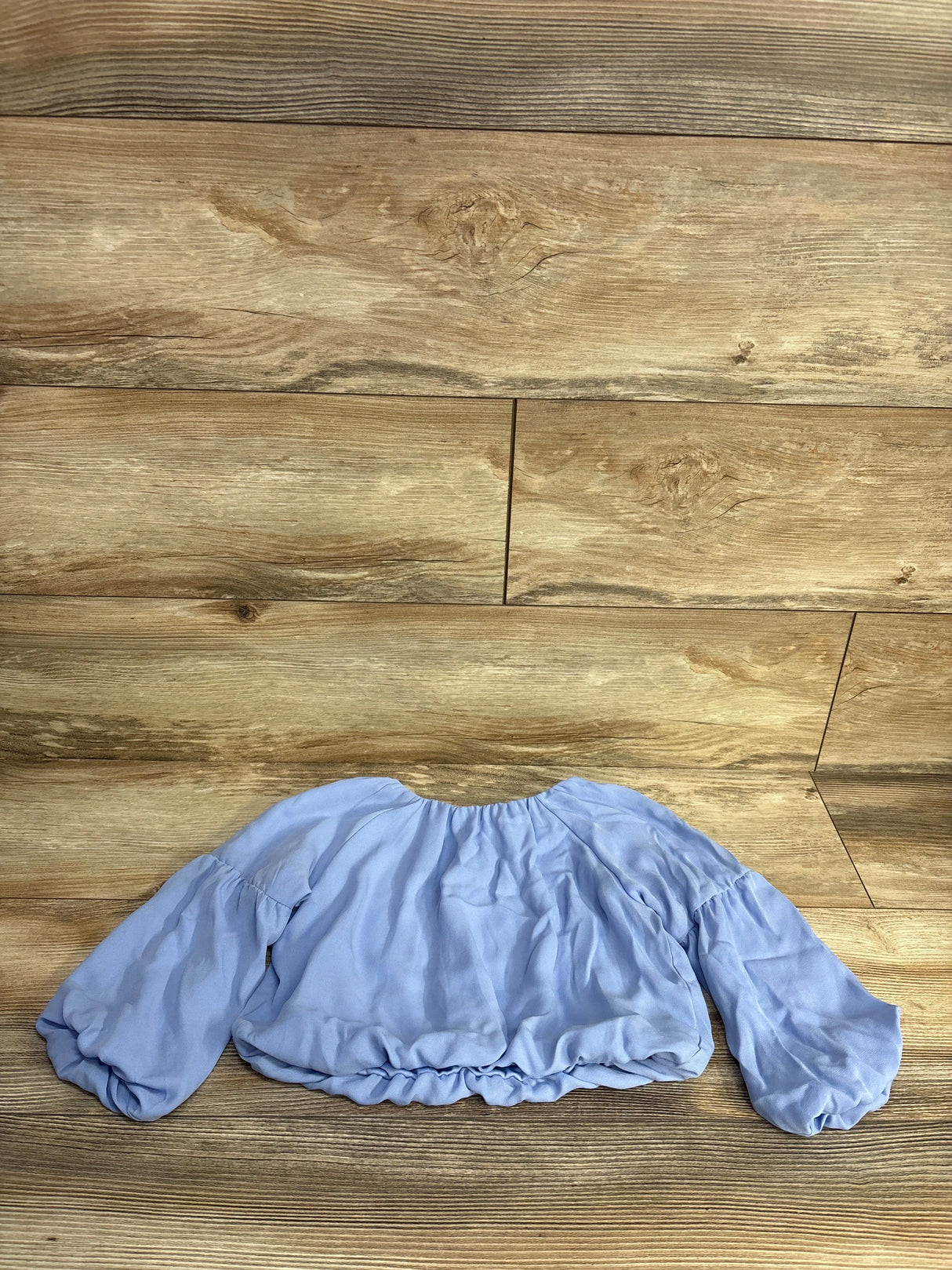 Light blue off-shoulder blouse with long puff sleeves on wooden floor background