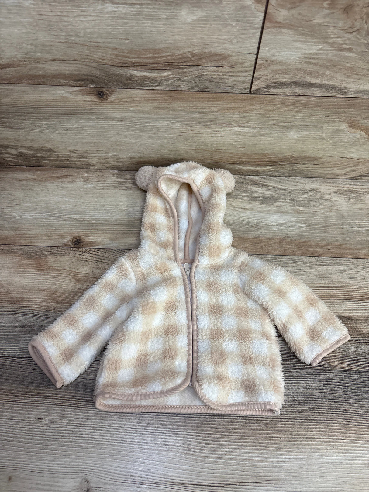 Cat & Jack Full Zip Checkered Plush Jacket Beige sz 0-3m
