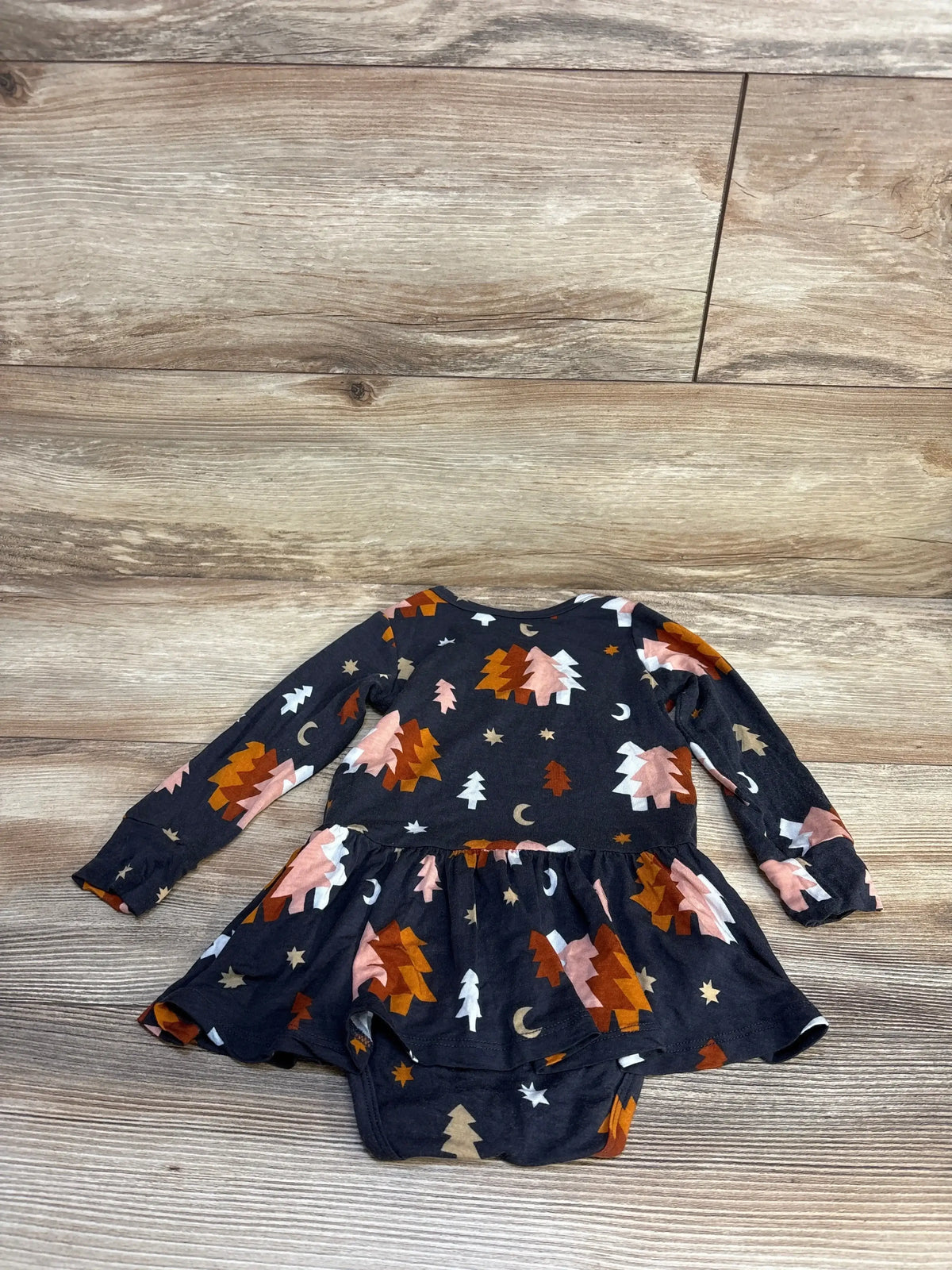 Long sleeve baby dress bodysuit with woodland tree and moon print on dark fabric