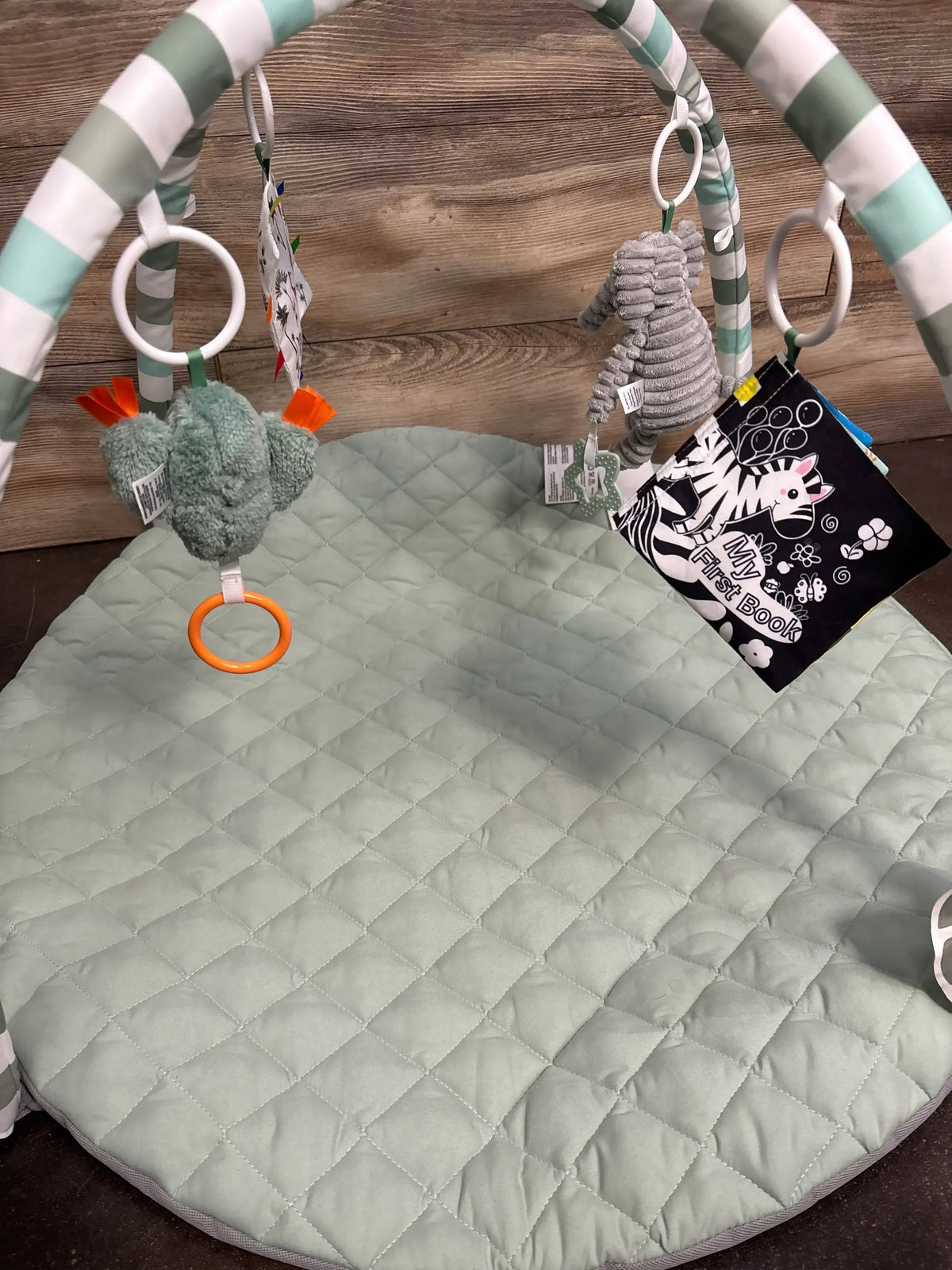 Front view of Blissful Diary baby play gym activity mat showcasing sage green quilted mat, arches, and hanging toys