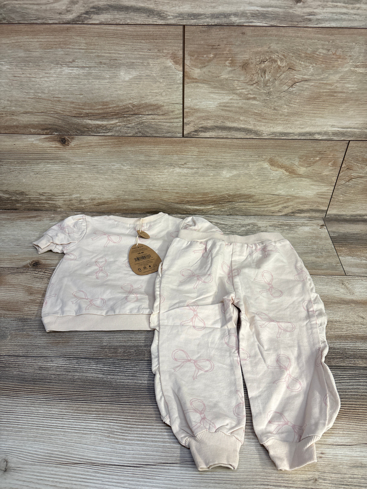 NEW Rabbit + Bear Organic 2pc Bow Print Shirt & Pants Set Beige sz 18m