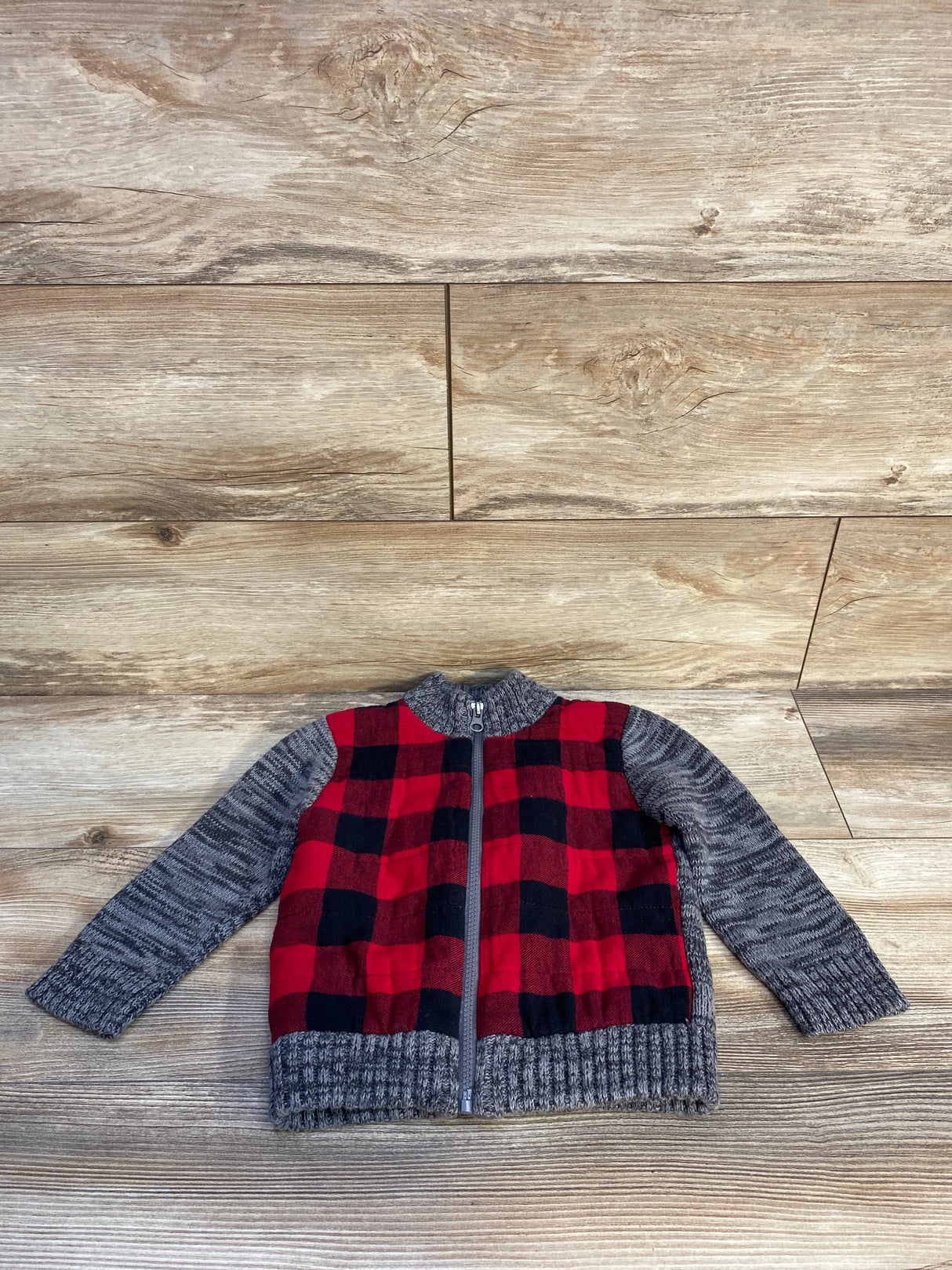 Cat & Jack Red Buffalo Check Knit Zip-Up Sweater sz 2T