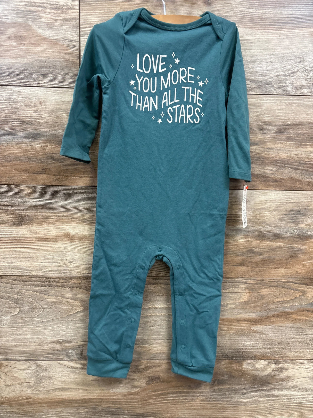 Teal baby romper with 'Love you more than all the stars' text, long sleeves, snap legs