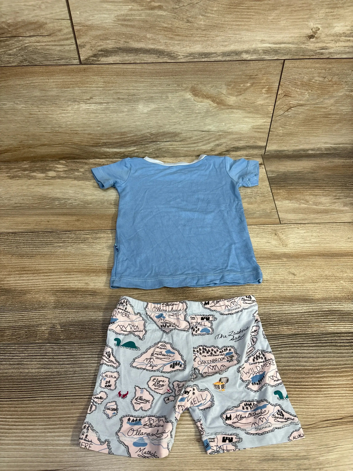 Blue short sleeve toddler shirt with map print shorts on wood background