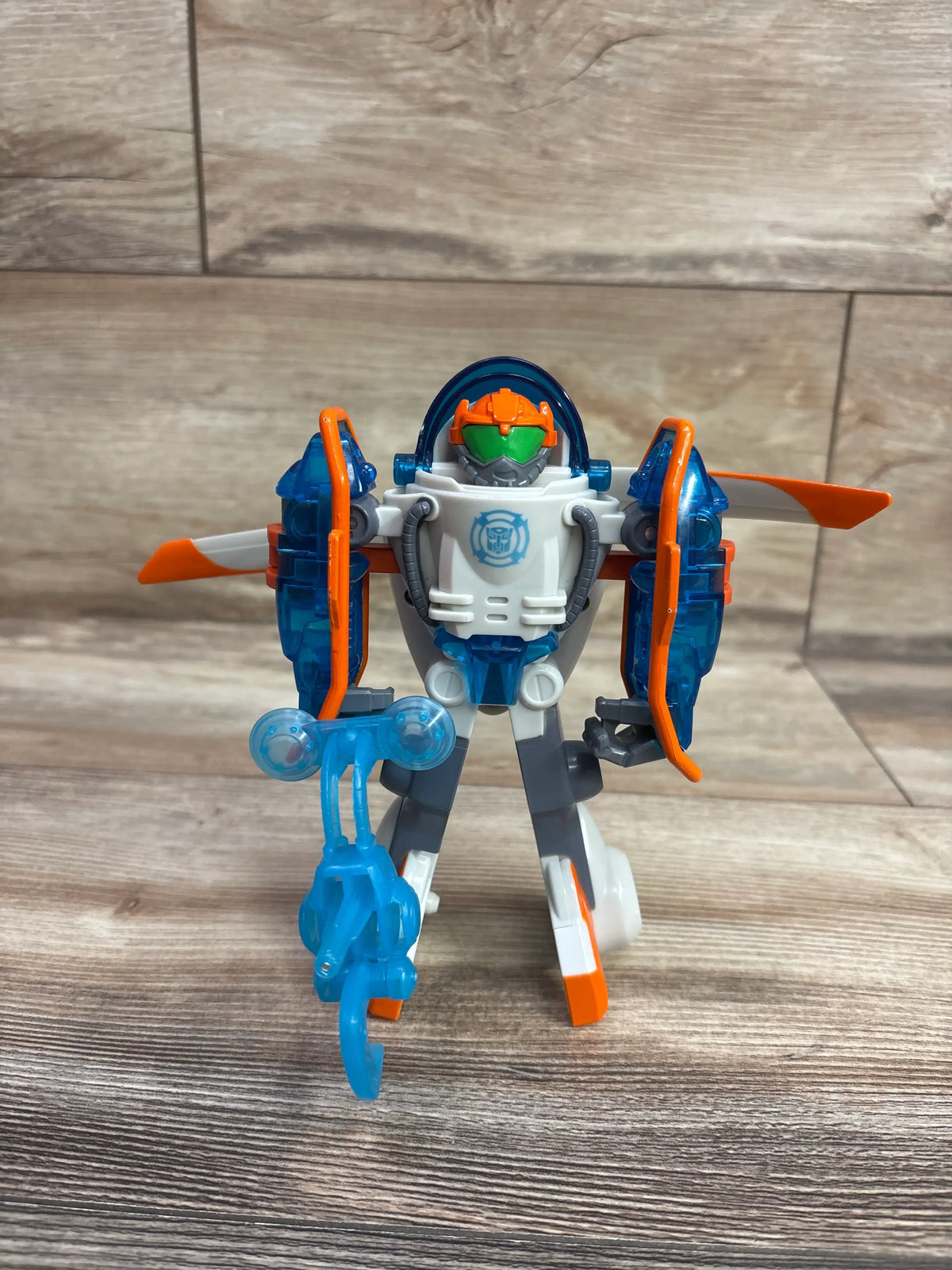 Front view of Playskool Heroes Rescue Bots Blades The Copter-Bot with blue, white, and orange colors