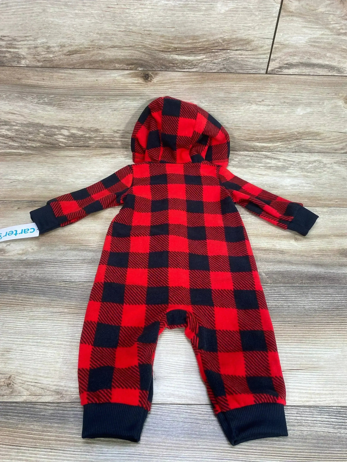 Back view of Carter's red and black buffalo check baby jumpsuit showcasing hood and ribbed cuffs with wood plank background