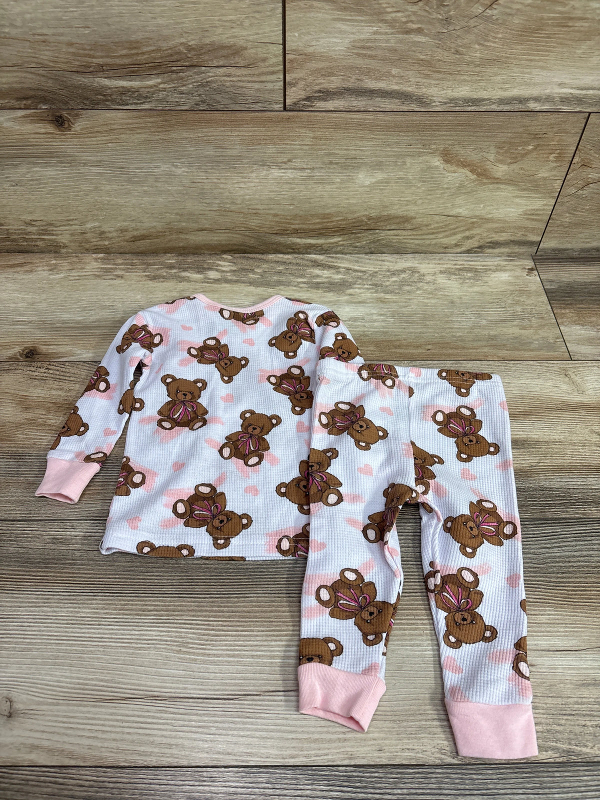 Mon Petit white 2pc pajama set with brown teddy bear print and pink trim, size 12m