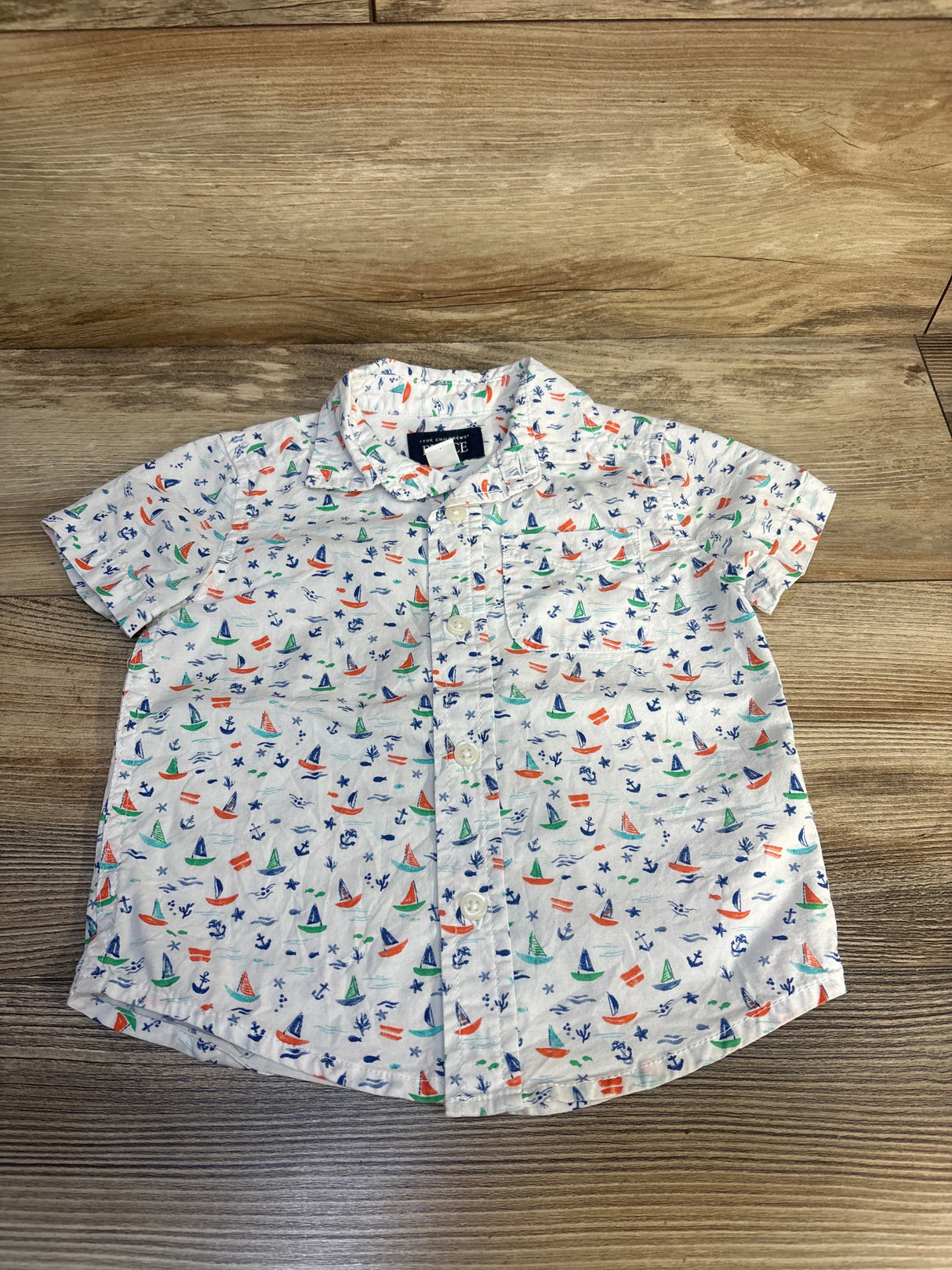 Children's Place Button Down Sailboat Shirt White sz 12-18m