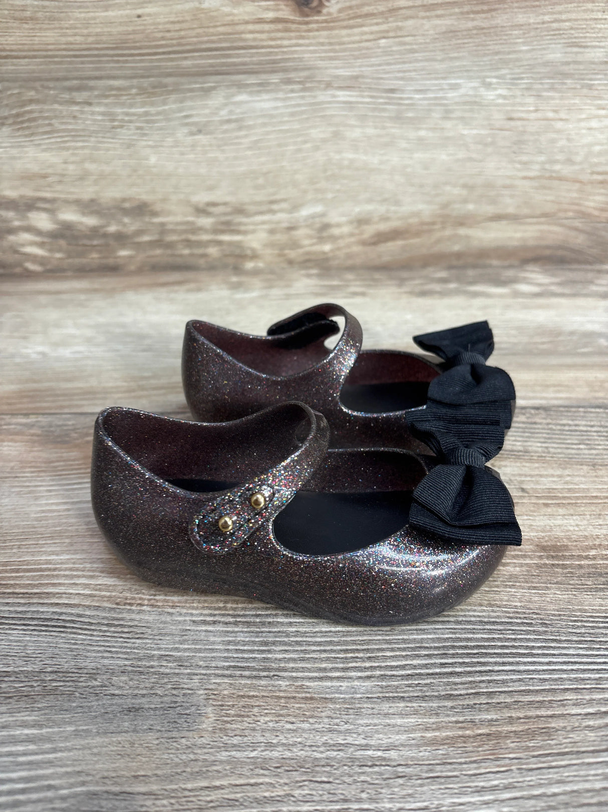 Mini Melissa 'Ultragirl Bow' Jelly Flat Black Glitter sz 7c