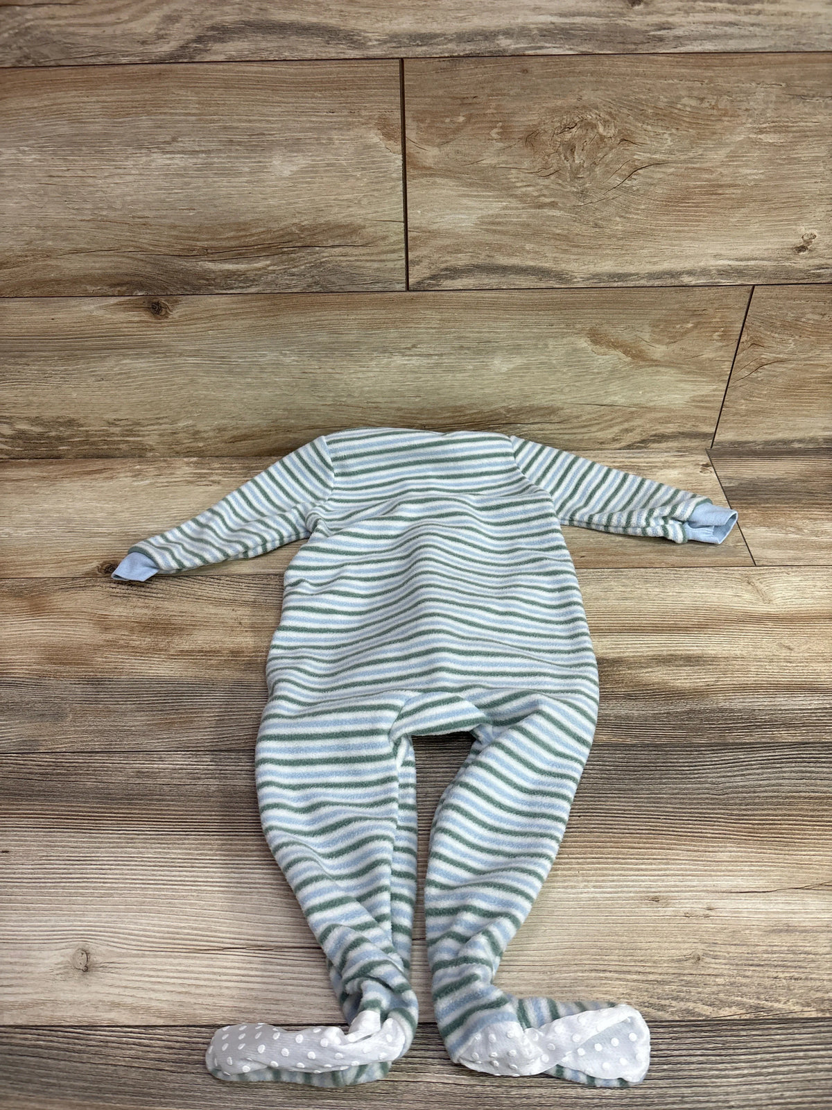Front view of Chick Pea blue striped blanket sleeper in size 18 months with long sleeves and covered feet on wood background