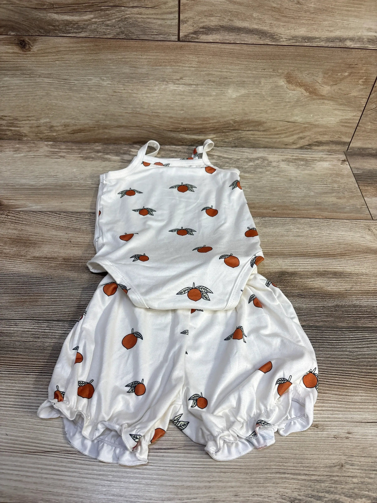 Shein 2pc ivory tank bodysuit and bubble shorts set with orange fruit print for baby