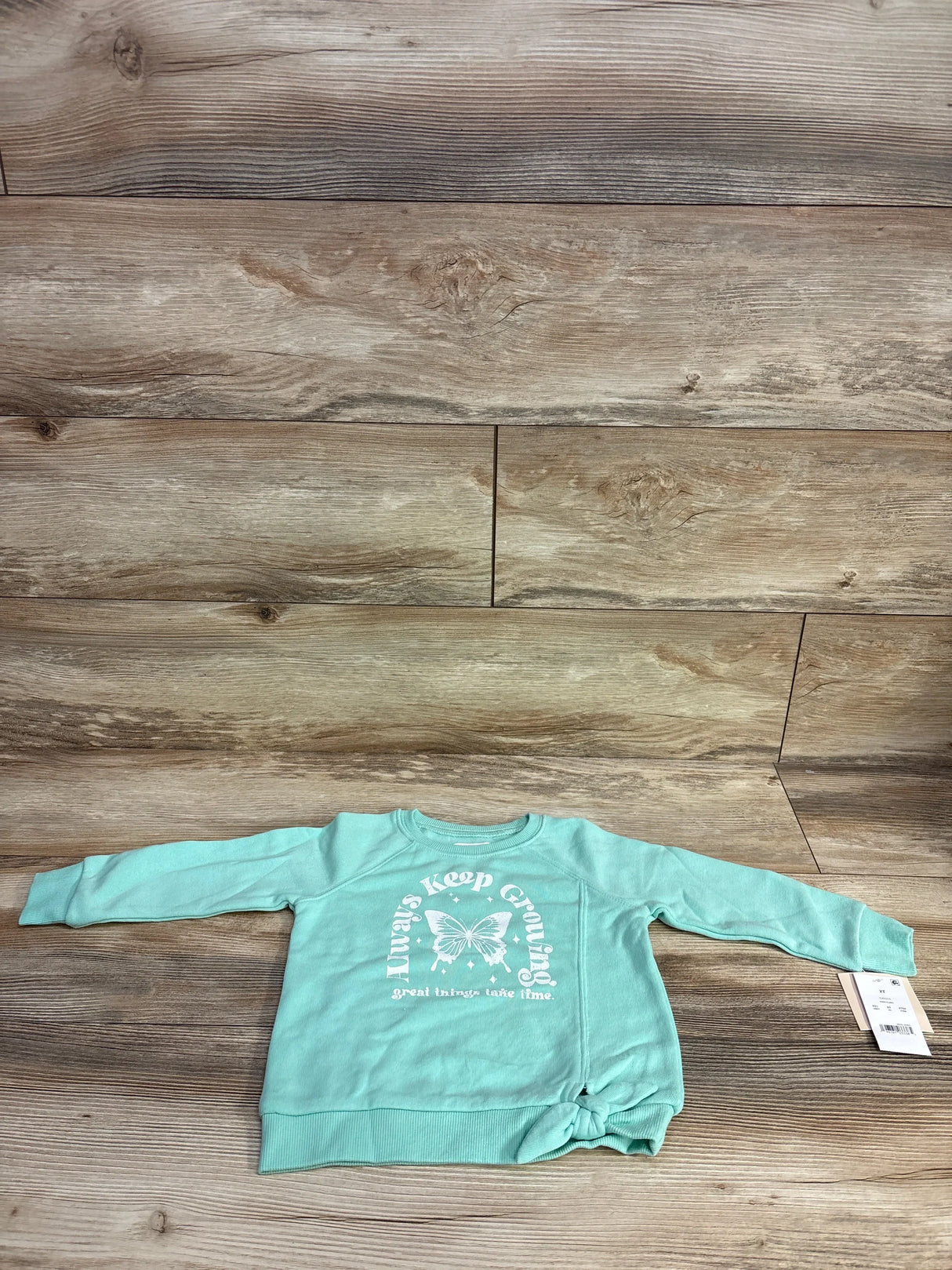 Mint green toddler sweatshirt with butterfly and positive growth text, laid flat on wood