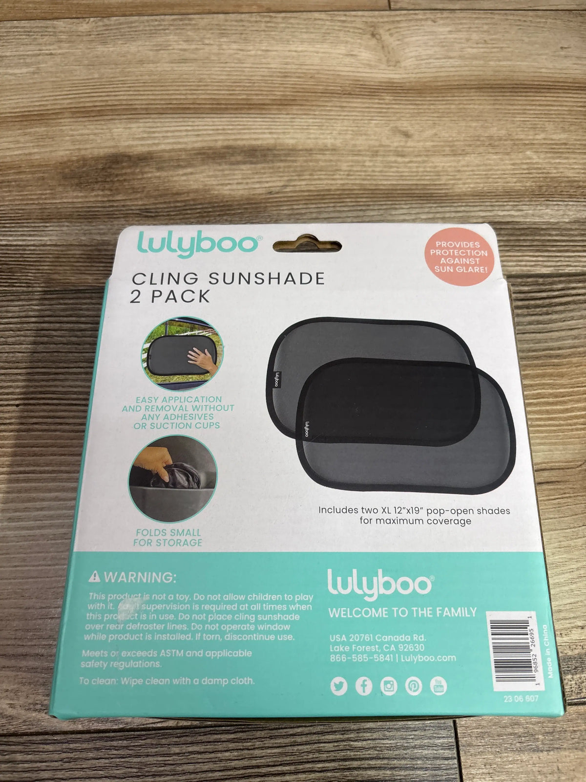 Front view of Lulyboo Cling Sunshade 2 Pack showcasing two XL 12 by 19 inch pop open shades in retail packaging