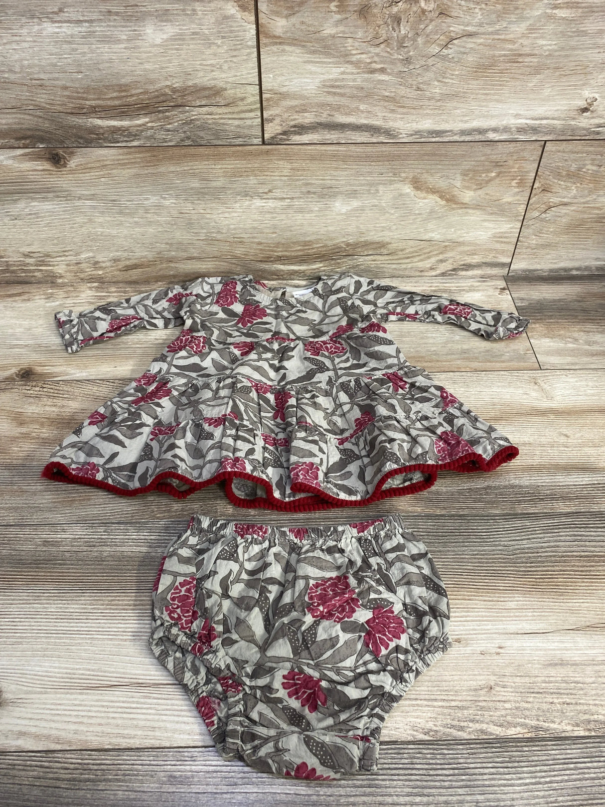 Baby floral dress and matching bloomers set with red and gray flower print, long sleeves