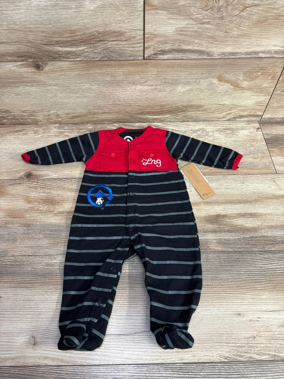 Striped black and red baby sleeper with buttons, long sleeves, and embroidered details.