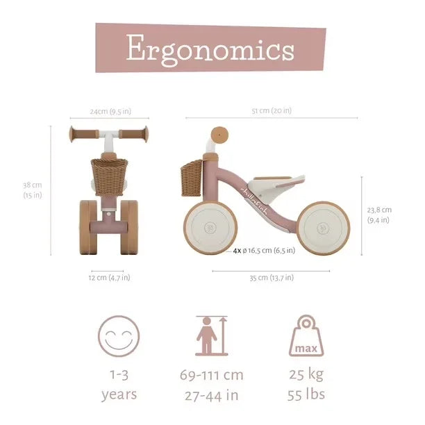 Diagram showing ergonomic measurements and age/weight limits for Chillafish Cruzi ride-on: 1–3 years, 69–111 cm, max 25 kg