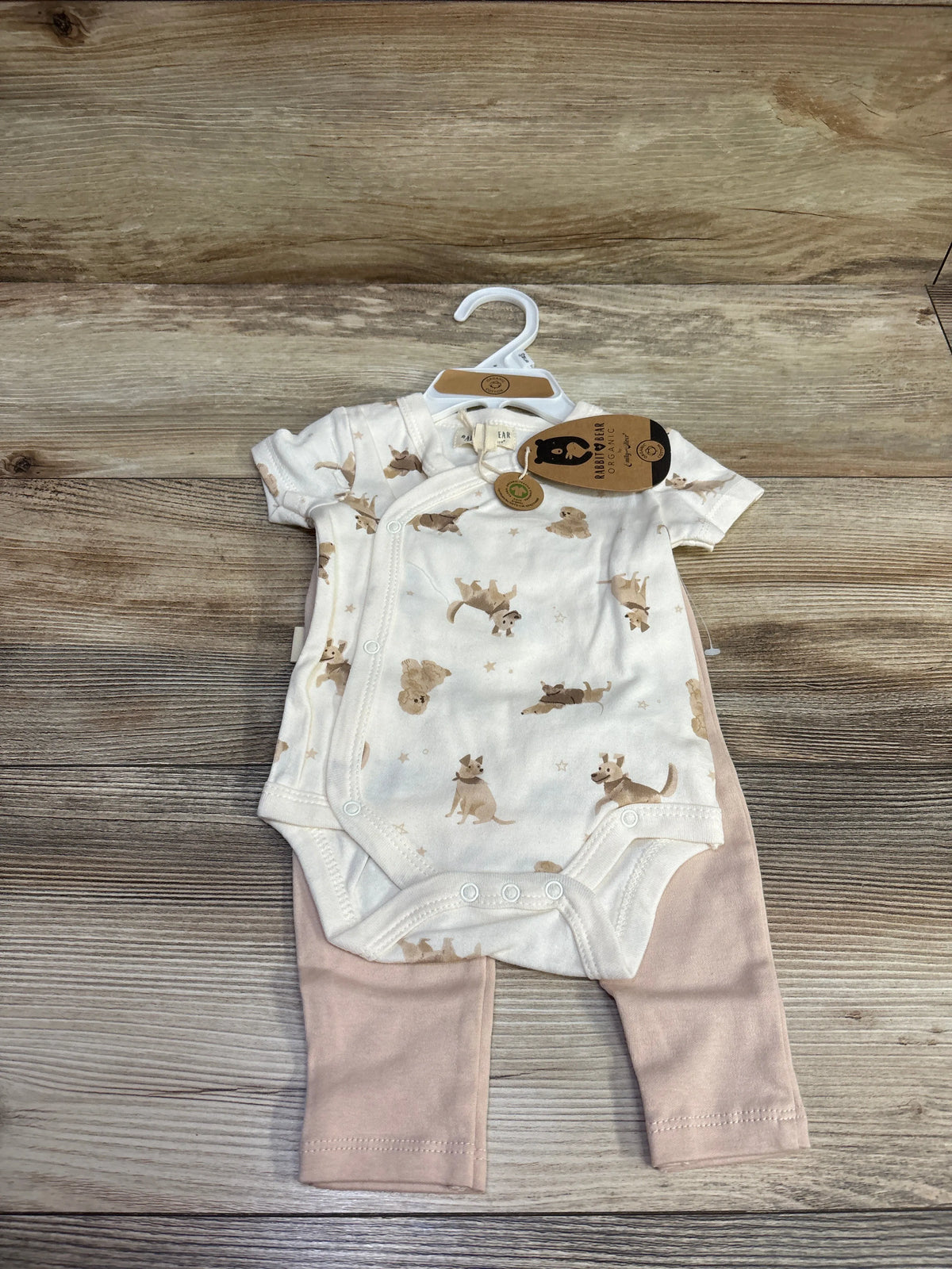 NEW Rabbit + Bear Organic 2pc Dog Print Kimono Bodysuit Set Ivory sz 0/3m