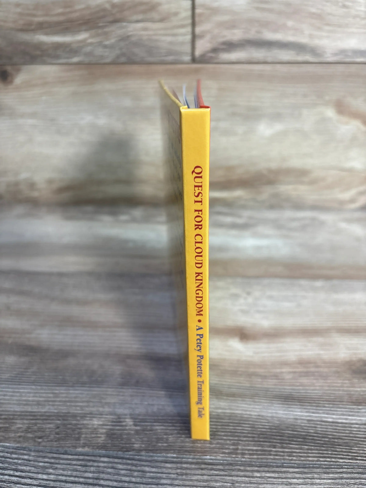 Spine view of Quest For Cloud Kingdom Hardcover Book showcasing yellow hardcover and Petey Potty Training Tale text with a wood background