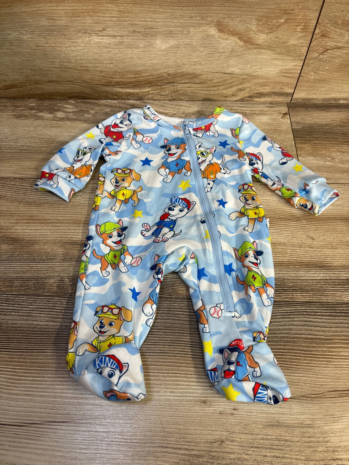 Front view of Shein x PAW Patrol blue sleeper, size 0 to 1 month, with character print and front zipper